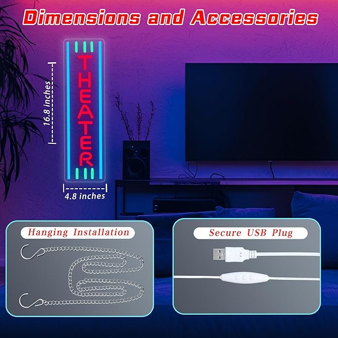 Theater Neon Sign Dimmable LED Movie Night Signs for Wall Decor Home Theater Accessories Sign Theater Room Neon Light for Movie Room Home Bar Decor Classic Cinema Style Light Gifts(16.8 * 4.8in)-Ruum Studio Home