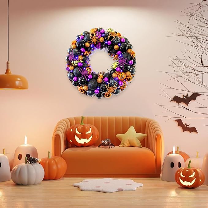 17 Inch Halloween Ball Wreath for Front Door with Lights, Lighted Cute Treat-or-Trick Door Wreath Ball Ornament for Halloween Indoor Decorations Centerpiece Party Holiday Wall Home Decor-Ruum Studio Home