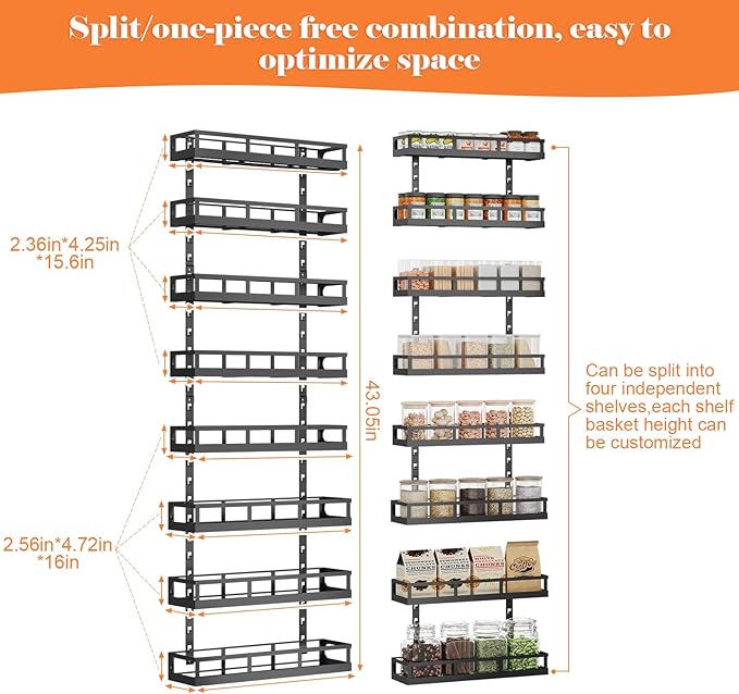 X-cosrack 8-Tier Adjustable Spice Rack – Wall-Mounted Space-Saving Organizer with Mixed Baskets, Large-Capacity Seasoning Holder for Kitchen & Pantry (Black)-Ruum Studio Home