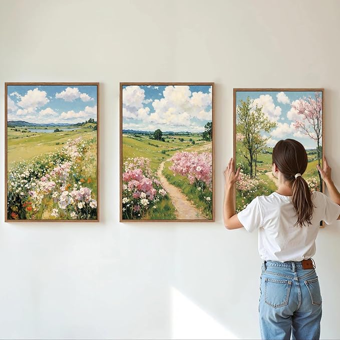 Tinonedraw Rustic Landscape Framed Canvas Wall Art Triptych, Blue and White Wall Decor, Vintage Botanical Floral Artwork, Modern Country Nature Farmhouse Art Prints for Living Room Bedroom 16"x24"x3-Ruum Studio Home