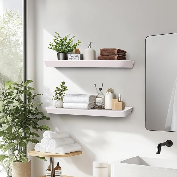 24"x6.8"x1.6" Slanted Floating Wall Shelves 2-Pack - Rustic White Finish, Heavy-Duty Solid Wood Design with Hidden Brackets - Perfect for Living Room, Kitchen, Bathroom, or Office-Ruum Studio Home