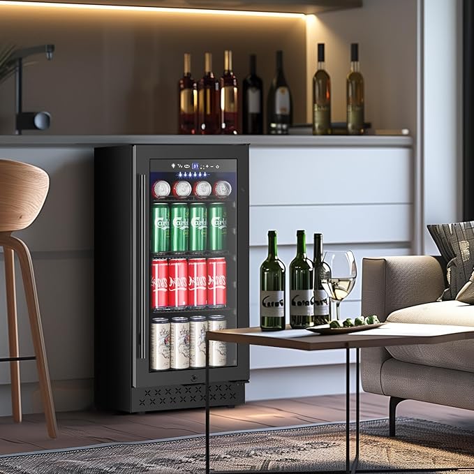 Tylza 15 Inch Beverage Refrigerator, Under Counter/Freestanding Drink Fridge, 130 Cans Beverage Cooler with Glass Door, Reversible Door, Low Noise, Quick Cooling - for Beer, Soda, ETC, Black-Ruum Studio Home