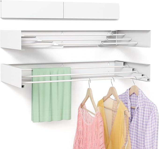Wall Mounted Drying Rack for Laundry 19.8'', Folding Drying Rack Clothing Wall Mount with 3 Rods, Space Saving for Indoor Outdoor Bathroom Balcony (White, 19.8'')-Ruum Studio Home