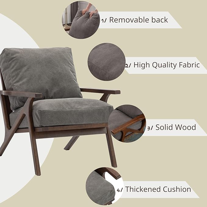 Wahson Mid Century Chair, Upholstered Accent Armchair, with Wood Frame and Canvas Cushions, Leisure Slipper Chair for Living Room/Bedroom, Grey-Ruum Studio Home