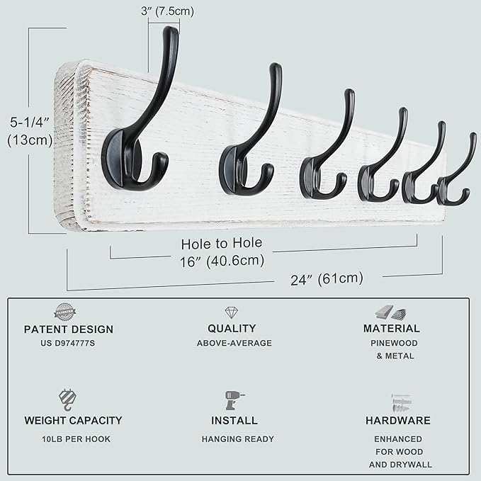 Dseap Wall Mounted Coat Rack: 24" Long, Patented, Heavy-Duty, 6-Double-Hooks Wooden Hanger Rail for Winter Coats, Hat, Jacket, Clothing - White & Black, Pack of 2-Ruum Studio Home