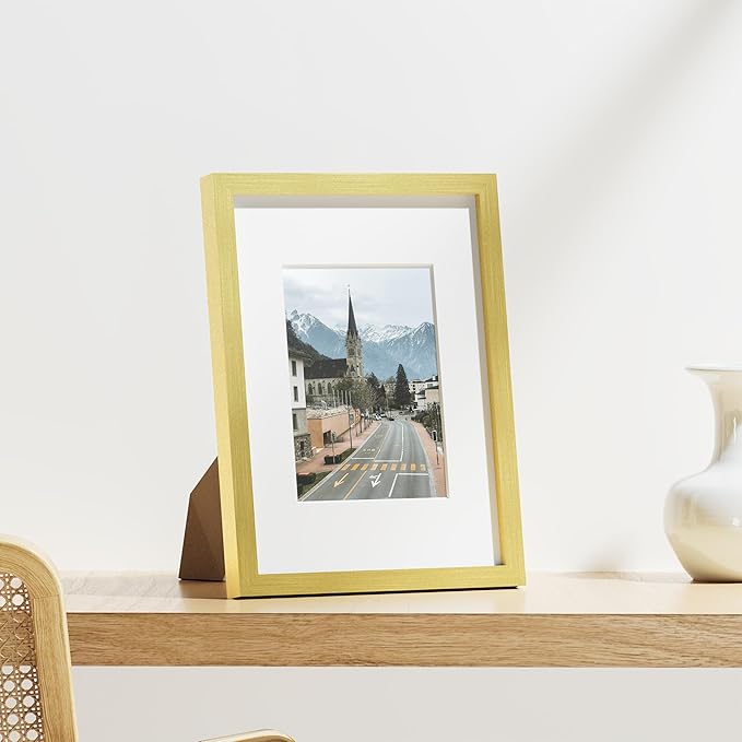Vittanly 9x12 Picture Frames Set of 9, Shatter Resistant Plexiglass, Display 6x8 Pictures with Mat or 9x12 without Mat, Photo Frames for Wall or Tabletop, Engineered Wood, Gold-Ruum Studio Home