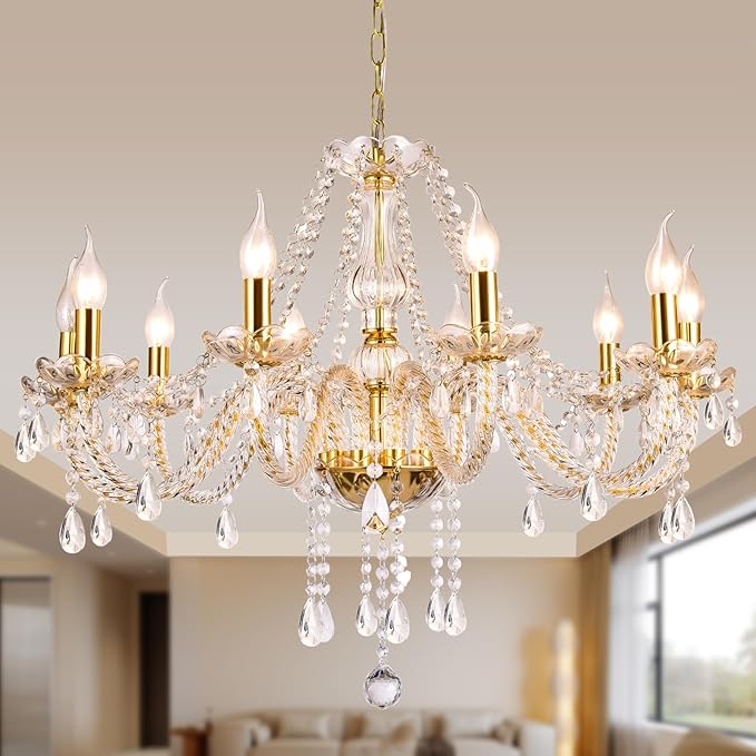Modern Elegant 10 Lights K9 Crystal Glass Chandelier Golden Pendant Ceiling Lighting European Style for Dining Living Room Bedroom Transparent, 10 E12 Bulbs Required-Ruum Studio Home