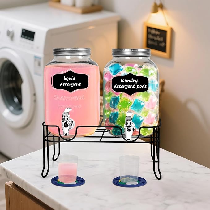 2-Pack 1 Gallon Glass Laundry Detergent Dispenser Set with Bamboo Lids and Stand - Liquid Soap and Fabric Softener Dispensers with Spigots, Cups, Labels and Mats, Laundry Room Organization and Storage-Ruum Studio Home