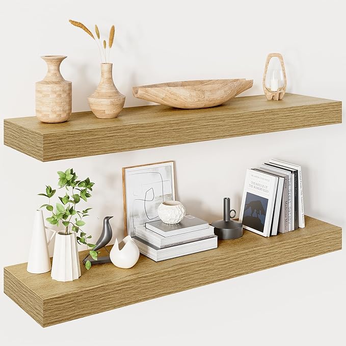 Heimlove 32 Inch Floating Shelves for Wall,Oak 9.3" Deep Floating Shelf Set of 2,Wall Mounted Shelves for Bathroom Bedroom Living Room Kitchen Office,Shelf for Books Storage Room,Home Decor-Ruum Studio Home