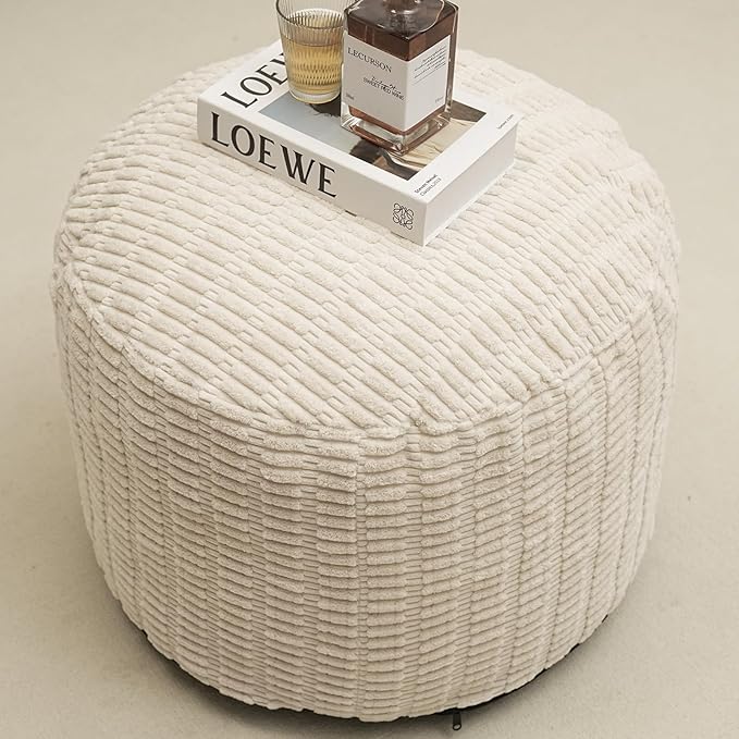 Round Stuffed Pouf Ottoman for Foot Rest, Storage Ottoman Pouf Foot Stool Cushion, Faux Fur Poufs with Foam Chunk Filling, 26 X 18 Inch Floor Chair for Living Room Bedroom Home Decor, Beige-Ruum Studio Home