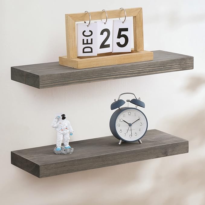 Fun Memories European Pine Floating Shelves for Wall, Mounted Shelf for Decor Storage Set of 2 - Natural Rustic Wooden Wall Shelf for Kitchen Bathroom Living Room Bedroom Farmhouse - Grey-Ruum Studio Home