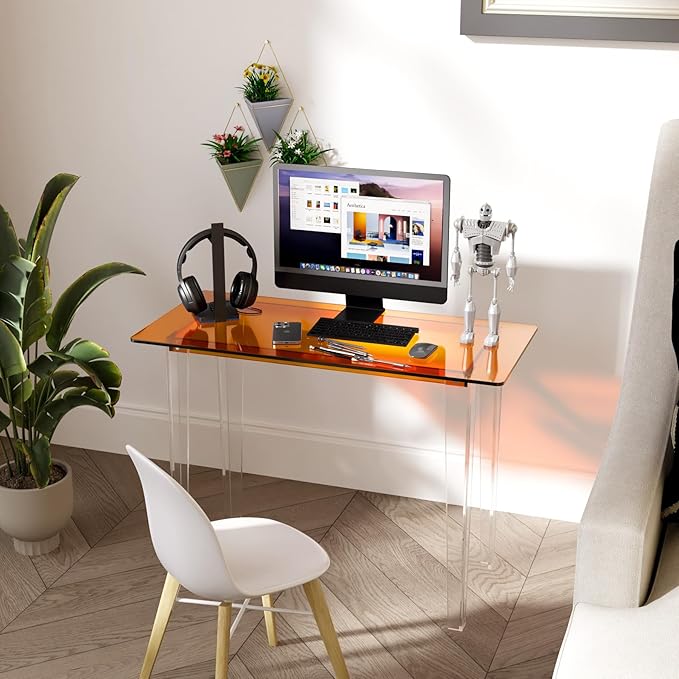 Acrylic Desk, Modern Study Table for Home Office - Extended Surface Multi-Purpose Console & Entryway Table, Sturdy Lightweight Design (42.5-inch, Orange)-Ruum Studio Home