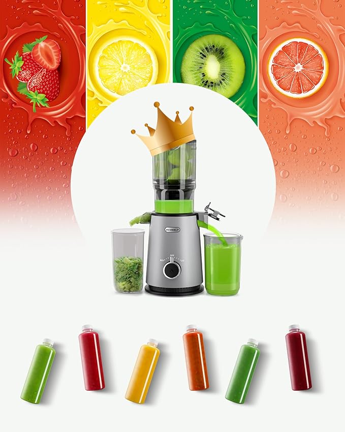 Cold Press Juicer, ECOSELF Juicer Machines with 4.35" Large Feed Chute Fit Whole Fruits & Vegetables, Self Feeding for Juice Extractor Machine, Easy to Clean and Assemble, High Juice Yield-Ruum Studio Home