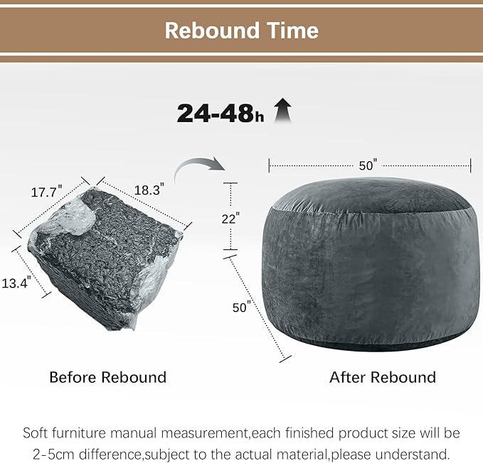 Bean Bag Chairs for Adults - Memory Foam Furniture BeanBag Chair - Kids/Teens Sofa with Soft Micro Fiber Cover - Round Fluffy Couch for Living Room Bedroom College Dorm - 5 ft, Grey-Ruum Studio Home