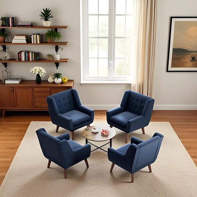 HUIMO Accent Chairs Set of 4, Upholstered Button Tufted Armchair, Linen Fabric Sofa Chairs for Bedroom, Living Room, Mid Century Modern Comfy Reading Chair (4, Dark Blue)-Ruum Studio Home