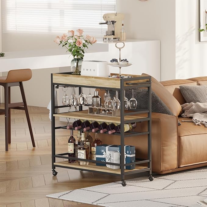 BON AUGURE Bar Cart for The Home, Bar Serving Carts on Wheels, 3 Tier Storage Drink Trolley, Rolling Wood and Metal Liquor Beverage Cart (Vintage Oak)-Ruum Studio Home