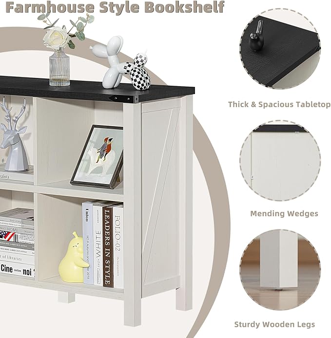 Farmhouse 6 Cube Bookshelf, Antique White & Black Wooden Storage Organizer Book Shelf, 47" Cubby Hallway Bookcase, Kids Toy Storage Cabinet, Modern Open Book Case for Living Room, Playroom-Ruum Studio Home