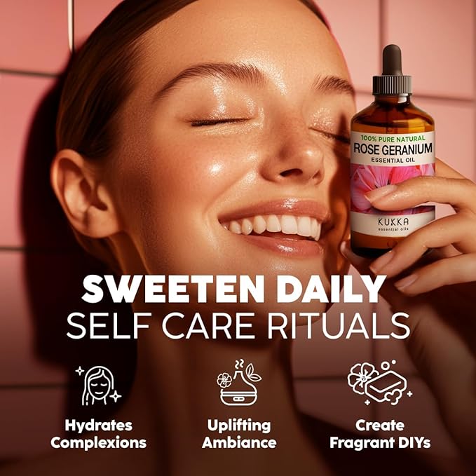 Kukka Rose Geranium Essential Oil for Skin - 4 Fl Oz - 100% Pure Natural Geranium Oil for Diffuser & Aromatherapy - Soap Making Scent & DIY-Ruum Studio Home