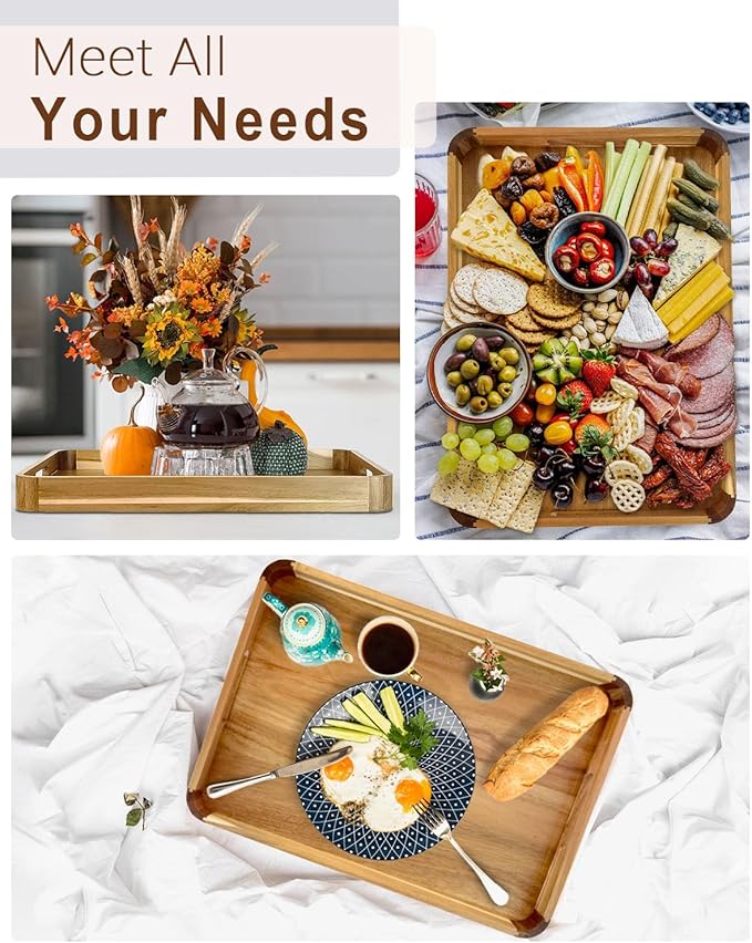 22 Inches Acacia Wood Serving Tray with Handles, Large Wooden Rectangle Ottoman Tray, Nice Home Decor for Living Room Coffee Table Couch, Ideal Size for Serving Food Breakfast BBQ Party-Ruum Studio Home