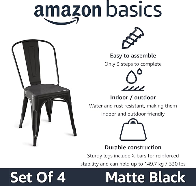 Amazon Basics Metal Dining Chairs, Matte Black, 1 Count (Pack of 4)-Ruum Studio Home