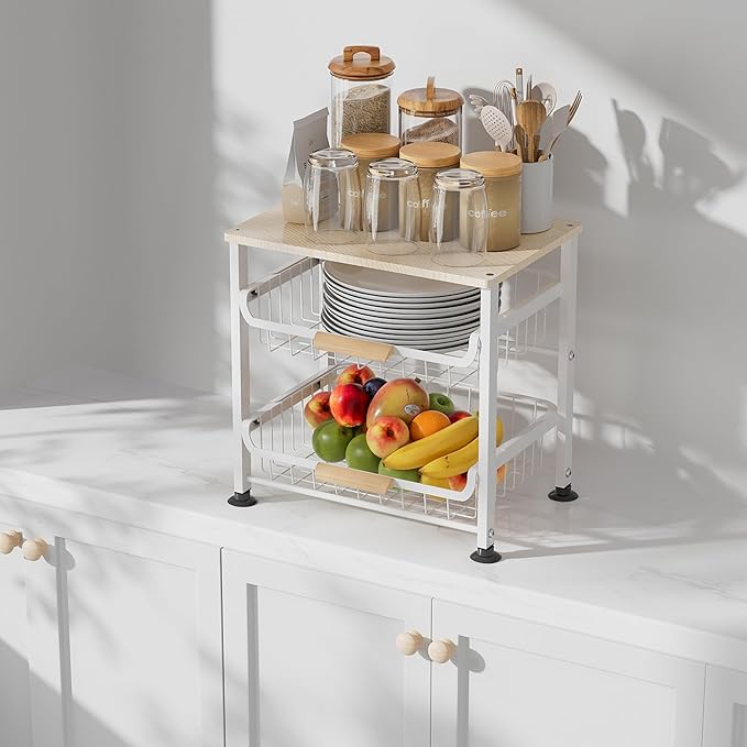 3-layer Kitchen Fruit Storage Basket Snack Rack, Countertop & Desktop Pull-out Metal Basket with Handle, Organizers-Ruum Studio Home