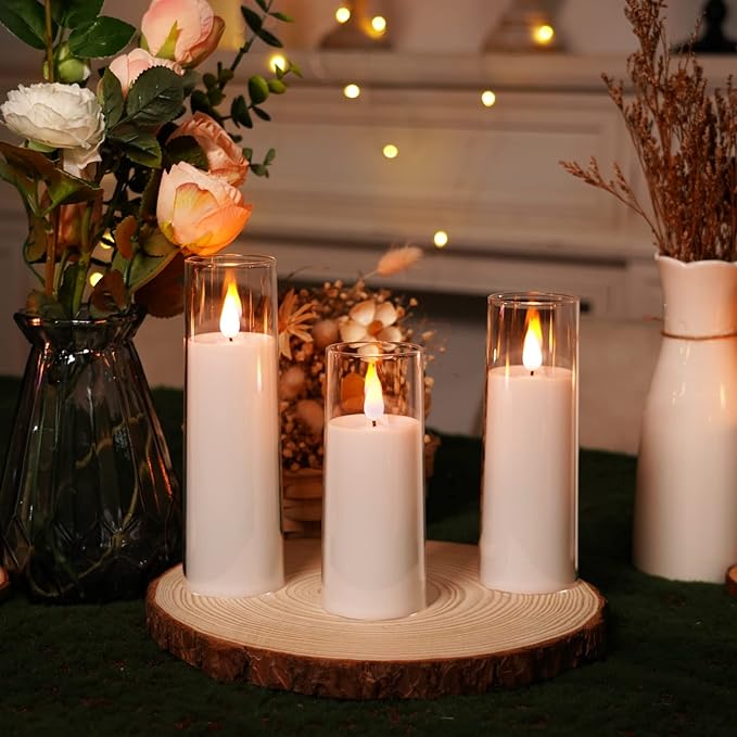 Amagic Pure White Flameless Candles, Battery Operated Candles, Acrylic Flickering LED Pillar Candles with Remote Control and Timer, 3D Wick, Yellow and Blue Glow, D2.2 xH5 6" 7", Set of 9-Ruum Studio Home