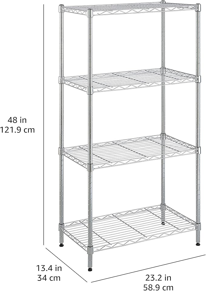 Amazon Basics 4-Shelf Adjustable, Storage Shelving Unit, (200 Pound Loading Capacity per Shelf), Steel Organizer Wire Rack, 13.4"D x 23.2"W x 48"H, Chrome-Ruum Studio Home
