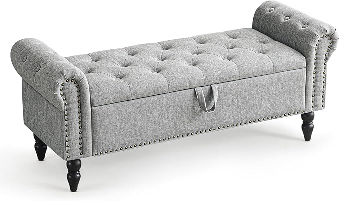 Furniliving 51” Bedroom Bench, End of Bed Bench with Button-Tufted Large Upholstered Storage Bench Ottoman Linen Window Benches with Storage Shoe Cabinet, for Bedroom, Entryway, Closet, Grey-Ruum Studio Home