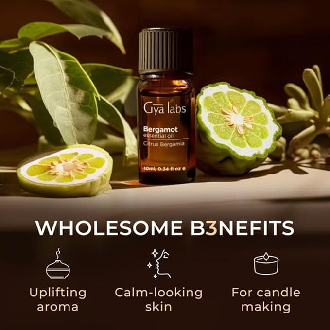 Gya Labs Bergamot Essential Oil - 0.34 Fl Oz - 100% Pure and Natural Bergamot Aromatherapy Essential Oil Uplifts Mood for Emotional Balance, Soothes Skin, Diffuser & Candle Making Scent-Ruum Studio Home