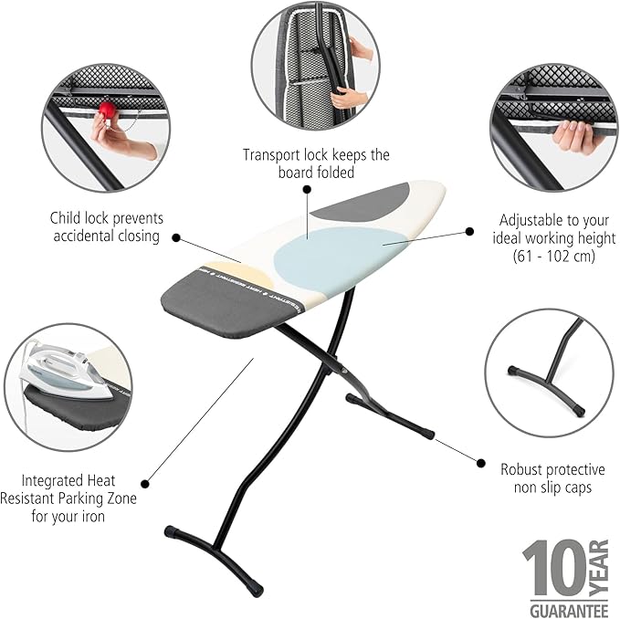 Brabantia Size D Ironing Board (53x18 in) Heat Resistant Parking Zone, Silver Frame, Non-Slip Feet, Suitable for Sit Down Ironing (Spring Bubbles)-Ruum Studio Home