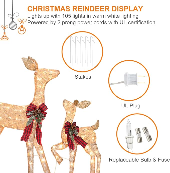 2 Pcs Reindeer Christmas Decoration, Xmas Lighted Golden Shimmering Doe and Fawn Display Set with 105 Warm White Lights for Yard Lawn Indoor Outdoor-Ruum Studio Home