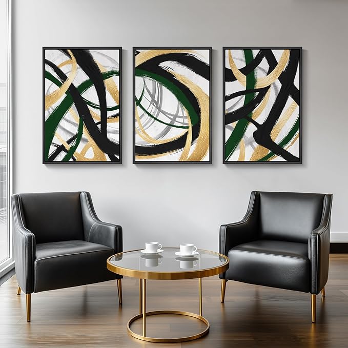 Large Framed Abstract Wall Art for Living Room, Set of 3 Modern Canvas Prints Painting Artwork for Walls, Black Green and Gold Brush Stroke Pictures for Hallway Dining Room Office Wall Decor 24x36 In-Ruum Studio Home
