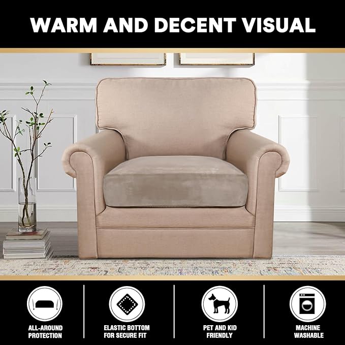 PrinceDeco Stretch Velvet Couch Cushion Cover,Soft Fitted Cushion Slipcover for Arm Chair Sofa Cushion Furniture Protector Seat Cushion Sofa Cover Width Up to 29.5", Oatmeal-Ruum Studio Home