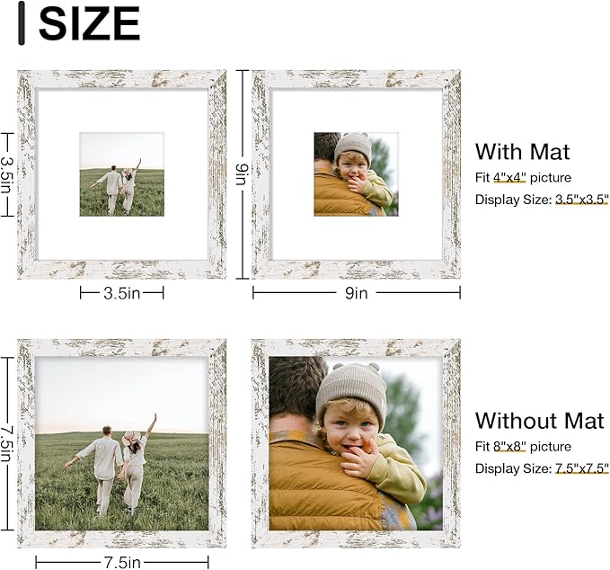 Vittanly 8x8 Picture Frames Set of 9, Shatter Resistant Plexiglass, Display 4x4 Pictures with Mat or 8x8 without Mat, Photo Frames for Wall Mount, Engineered Wood, Distressed White-Ruum Studio Home