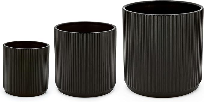 Amazon Basics Assorted Sizes Fluted Ceramic Round Planters, Set of 3, 6 inch, 8 inch, 10 inch, Black-Ruum Studio Home