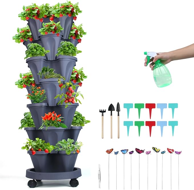 Vertical Planter, 7 Tier Stackable Strawberry Planter with Garden Tool Set, Movable Indoor/Outdoor Garden Herb Pot for Growing Vegetables and Succulents, Dark Gray-Ruum Studio Home
