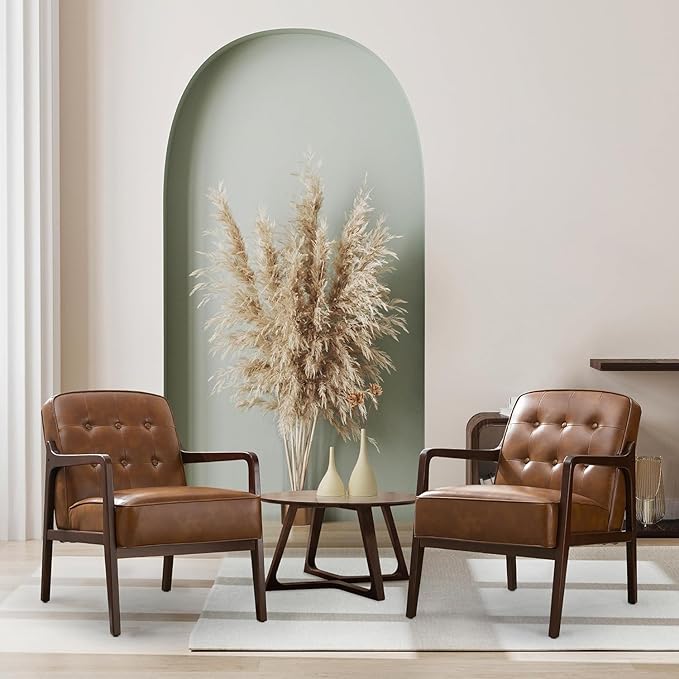 Faux Leather Accent Chair Set of 2, Mid Century Chair for Living Room, Upholstered Comfy Lounge Armchair with Solid Wood Frame, Modern Chair for Bedroom,105°Ergonomic Comfort, Brown-Ruum Studio Home