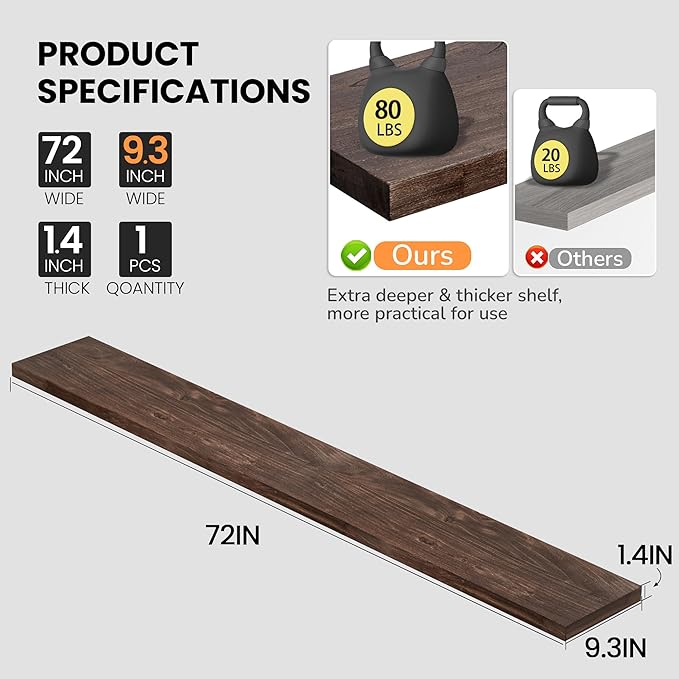 Fun Memories Floating Shelves for Wall, 72"x9.3" Rustic Solid Elm Wood Wall Shelves, Heavy-Duty Wall Mounted Shelves with Invisible Brackets, Set of 2 for Living Room, Bedroom, Kitchen, Walnut Finish-Ruum Studio Home