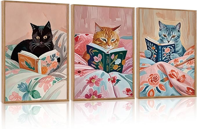 HPNIUB Framed Vintage Black Cats Canvas Wall Art, Funny Animal Reading Books Poster Printing Pictures, Pink Cute Cat Lovers Wall Decor for Girls Room Bedroom Kids Room Living Room Classroom- 24 x36 x3-Ruum Studio Home