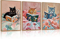 HPNIUB Framed Vintage Black Cats Canvas Wall Art, Funny Animal Reading Books Poster Printing Pictures, Pink Cute Cat Lovers Wall Decor for Girls Room Bedroom Kids Room Living Room Classroom- 24 x36 x3-Ruum Studio Home