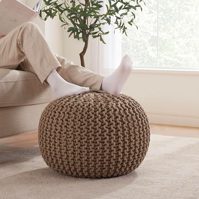 Ornavo Home Pouf Ottoman Foot Rest - 100% Cotton Pouffe - Hand Knitted Cable Braid Cord - Boho Round Stuffed Ottoman for Living Room, Bedroom - Taupe/Brown-Ruum Studio Home