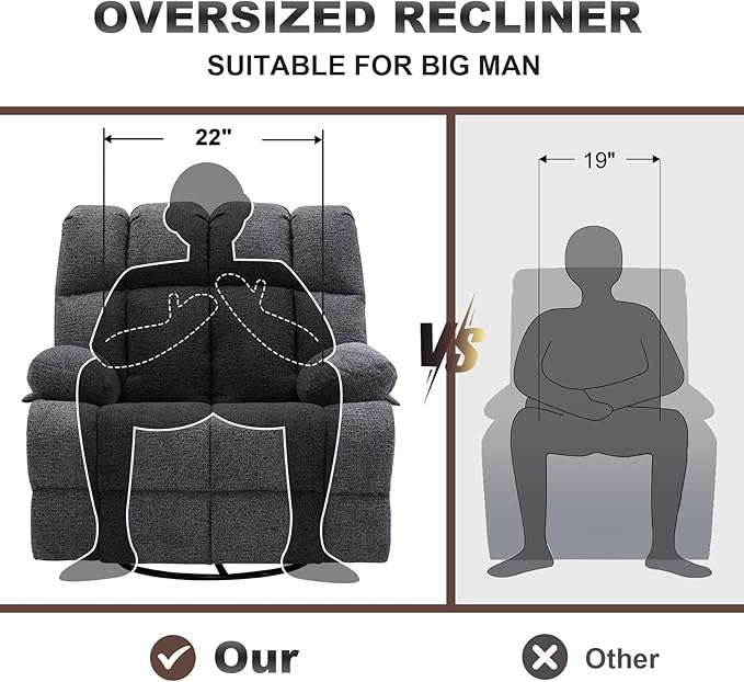 Oversized Swivel Rocker Recliner Chair for Adult, Rock Recliner for 350lb Big Man, Extra Wide Manual Recliners, Overstuffed Soft Rocking Sofa Chair,Light Grey-Ruum Studio Home