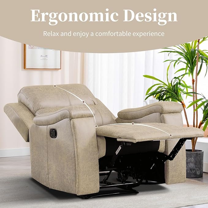 EBELLO Recliner Chair, Single Overstuffed Sofa Recliner, Breathable Faux Leather Manual Reclining Chairs with Hidden Cup Holder, Arm and Back for Adults, Living Room, Bedroom, Beige-Ruum Studio Home