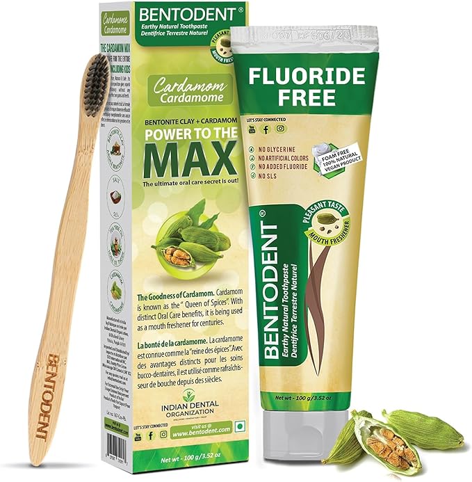 BENTODENT Fluoride Free Remineralizing Calcium Bentonite Clay Toothpaste - Cardamom Flavor Natural Toothpaste, Mint-Free, 3.52 oz - Ideal for Sensitive Teeth & Whitening with Toothbrush-Ruum Studio Home