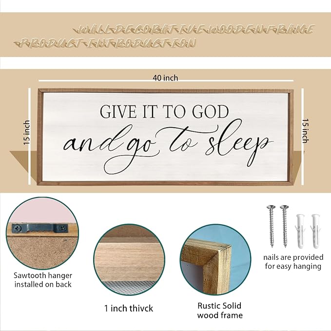 comurdyo Give It To God And Go to Sleep Sign 40''×15'' Master Bedroom Above Bed Wall Decor Wood Framed Couple Large Farmhouse Guest Room Rustic Simple Over Bedside Wall Art Hanging Decor (Wood)-Ruum Studio Home