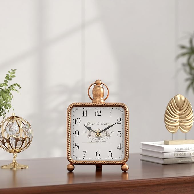 Vintage Gold Table Clock on Stand, Desk and Shelf Decor Clock, French Rustic Style Non-Ticking Mantel Clocks for Farmhouse, Living Room, Bedroom, Bedside, Gift (8.5" H x 5.5" W)-Ruum Studio Home