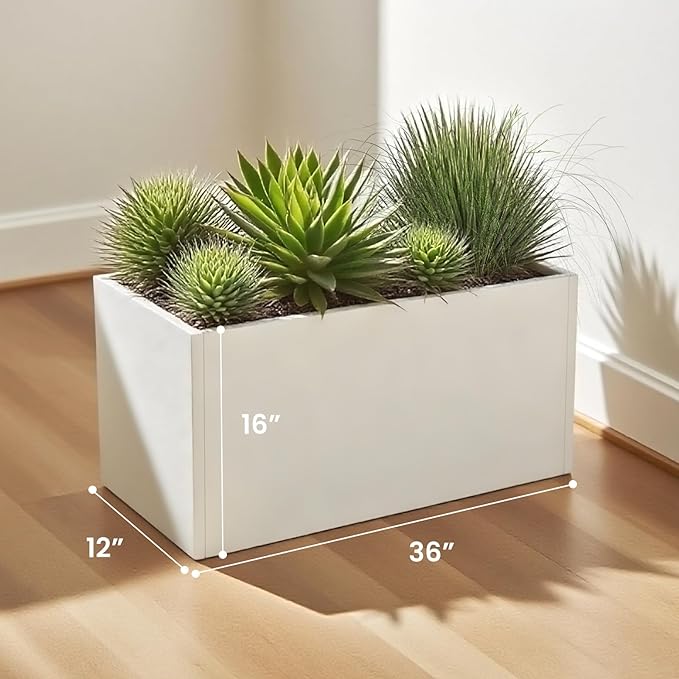 Galvanized Steel Garden Planter - White Matt Galvanized Metal Planter Box - Modern Metallic Heavy Planter - Indoor & Outdoor, Commercial & Residential (White, L36 x W12 x D16)-Ruum Studio Home