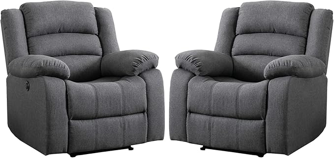 EBELLO Classic Power Recliner Chair, Oversized Electric Reclining Chair with Overstuffed Cushion and Back, Soft Fabric Adults Single Recliner Sofa for Living Room, Set of 2 Grey-Ruum Studio Home