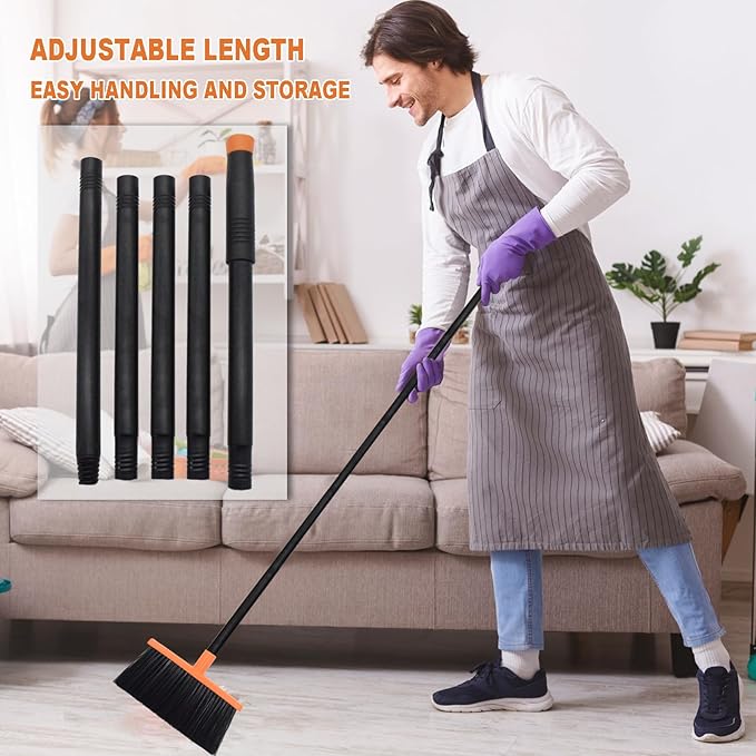 Small Broom Stiff Bristles Brush with Long Handle Indoor or Outdoor Compact Broom for Sweeping Patio Garage Garden,Deck,Concrete Floor,Bathroom (Orange)-Ruum Studio Home