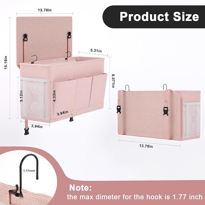 Dual-purpose Bedside Caddy Bedside Organizer, Bed Caddy with 6 Pockets, Versatile Bedside Storage Solution Magazine Remotes holder, ideal for Home, Dorm, Hospital, Crib Bed (Pink)-Ruum Studio Home